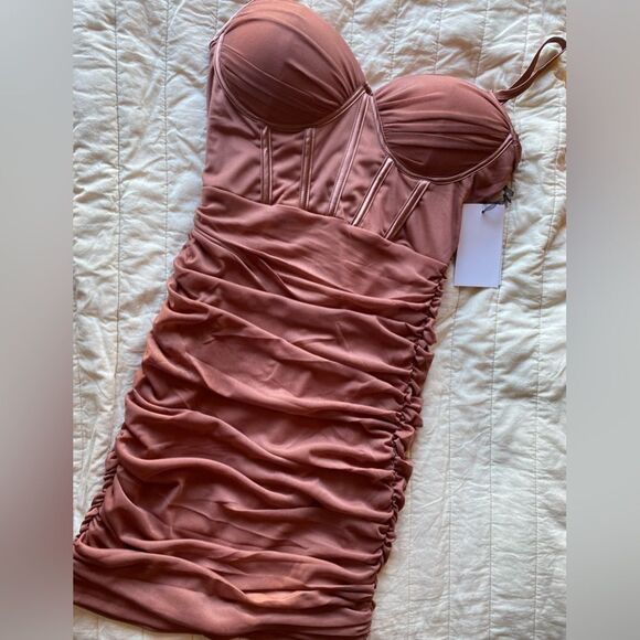 IRIS mini dress light brown  with spaghetti straps top corset type ruched New - Picture 6 of 10
